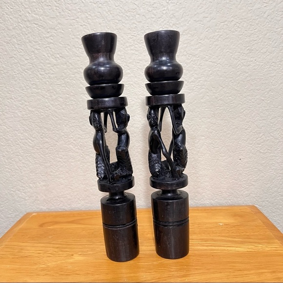 Vintage African Ebony Wood Hand Carved Candles Holder - Picture 2 of 6